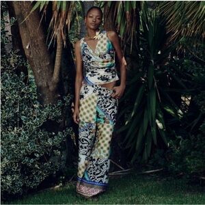 Zara Satin Two-Piece Set Patchwork Scarf Print Wide-Leg Palazzo Pants Top NWT